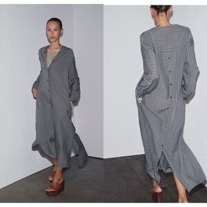 NWT Zara Striped Gray Button-Down Long Shirt Dress Size Medium